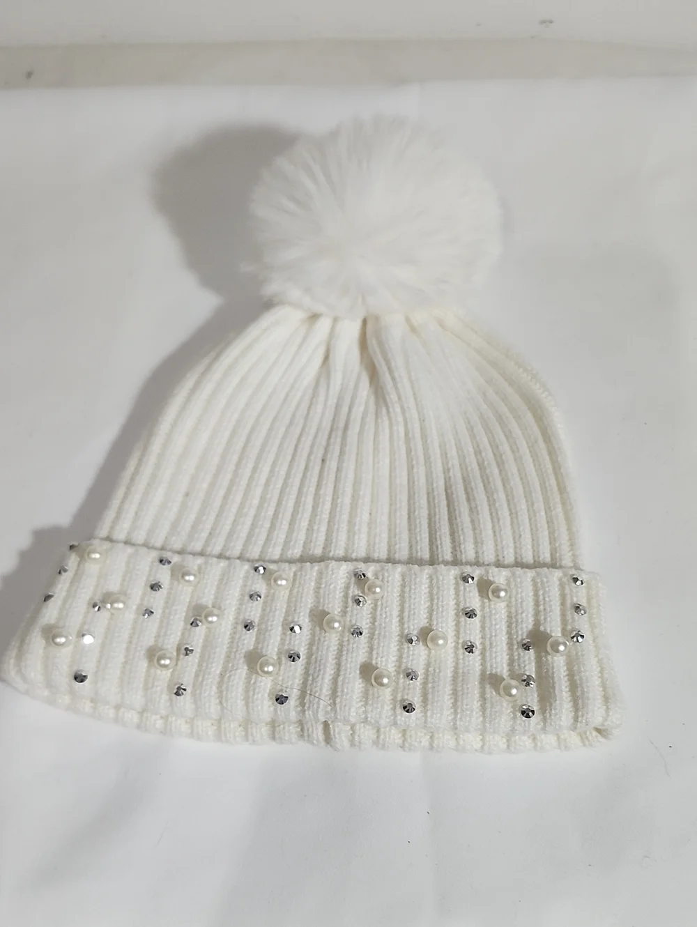 Women White Pom-Pom Beanie Hat with Pearls and Rhinestones